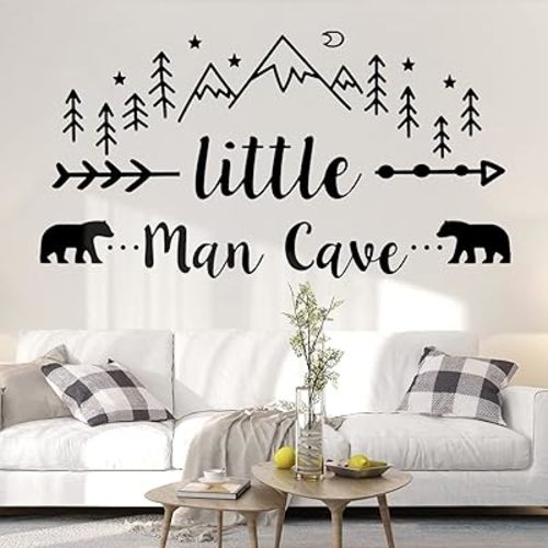 Little Man Cave Wall Decals, The Tribal Mountain Woodland Bear Wall Stickers for Bedroom, Nursery Wallpaper Easy Peel and Stick for Bedroom Living Room (Black)