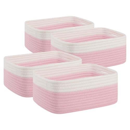 OIAHOMY 4 Pack Storage Baskets for Organizing, Small Bins for Shelves, Cute Decorative Storage Bins, Organizer Baskets for Gifts Empty, 11.8''Lx7.8''Wx4.7''H, Pink/White