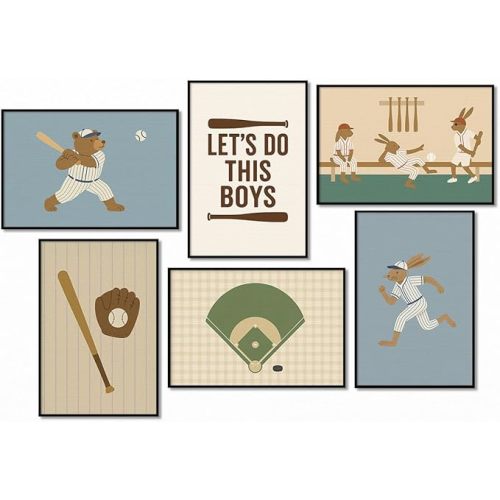 Baseball Poster Canvas, Baby Boy Sports Nursery Wall Art, Cute Animal Rabbit Bear Athletes Pictures, Let's Do This Boys Charming Quote Print, Kids Bedroom Baseball Field Art 8x12in Unframed