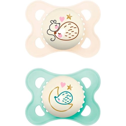 MAM Night Pacifiers (2 Pacifiers & Sterilizing Box), MAM Pacifiers 0-6 Months, Best Pacifier for Breastfed Babies, Unisex, Glow in the Dark Pacifier