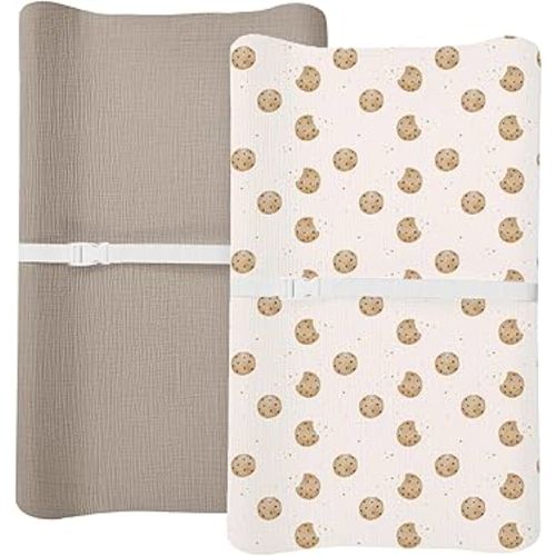 Changing Pad Cover for Baby Boy Girl 2 Pack, Muslin Changing Table Pad Covers with Boho Style, Neutral Nursery Bedding Essentials Soft and Breathable (Cookie & Light Khaki)
