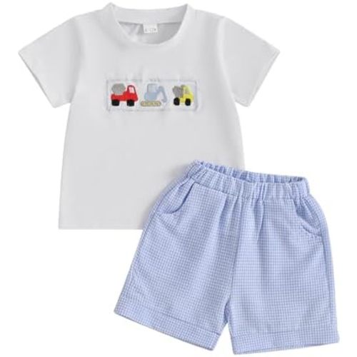 Toddler Boys Summer Clothes Funny Car Printed T-Shirt Plaid Shorts 2Pcs Little Kids Outfits Set