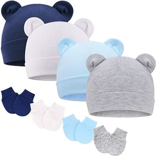 BQUBO Newborn Baby Hats Mittens Set for Boys Girls Hospital Hat Beanie Infant Caps Baby Gloves for 0-6 Months
