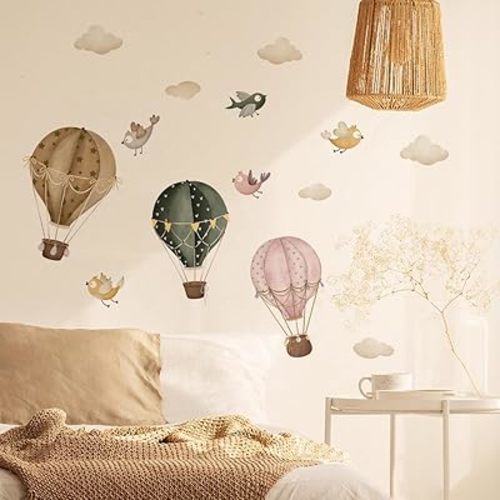 Boho Vintage Hot Air Balloon Bird White Cloud Wall Decal，Hot Air Balloons Wall Decals，Hot Air Balloons in The Sky Wall Stickers，Peel and Stick Removable for Kids Nursery Bedroom Living Room Decor