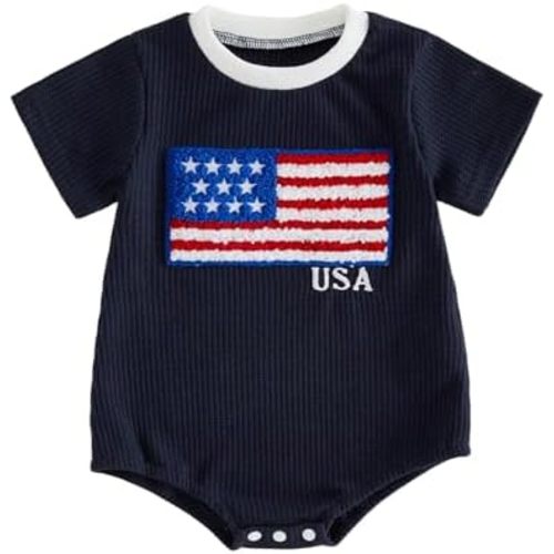 Karuedoo Newborn Baby Boy Girl 4th of July Outfit American Flag Embroidery Striped Waffle Short Sleeve Bubble Romper Bodysuit