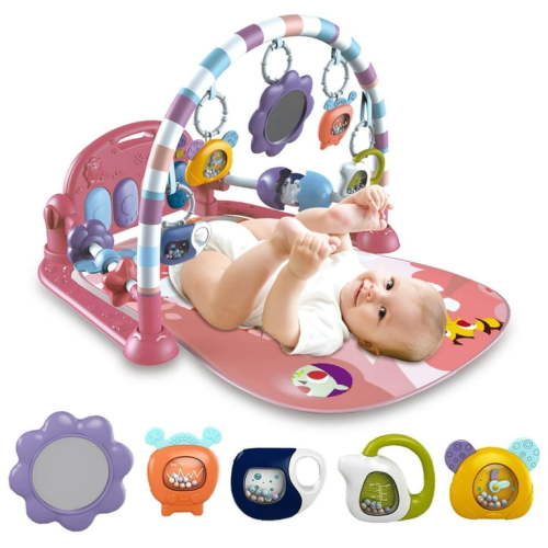 Babyeap Baby Gym Play Mat 3 in 1 Fitness Rack with Music and Lights Fun Piano Baby Activity Center,Pink