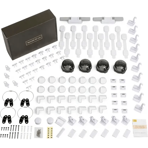 Baby Proof Kit, 112 Packs Baby Proofing Essentials - Magnetic Cabinet Locks, Corner Guards, Outlet Covers, Furniture Straps, Door Lever Lock - Child Safety Kit for Cabinets, Stove, Furniture
