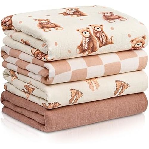 4-Pack Muslin Swaddle Blankets for Newborns | 100% Cotton Breathable Soft Muslin, Large 31.5"x43.3" | Multi-Use Stroller Sunshade Nursing Cover & Receiving Blanket, Bear Checkered