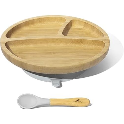 Avanchy Toddler Baby Plates Divided Bamboo, Suction for Babies Kids Toddler Food with Silicone Spoon for Feeding, Gray