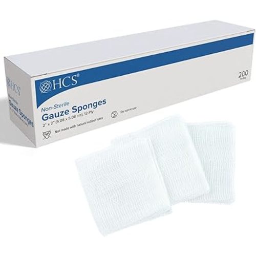 HCS 2x2 Gauze Sponges - Woven, Non-Sterile, 12-Ply (200-Count) - 100% Cotton, Absorbent, Low-Linting Design - Medical 2x2 Gauze Pads - Wound Care, First Aid, Surgical Use, Dental