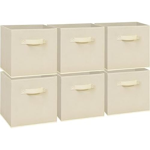 Easi 11 inch Cube Storage Bins, 6 Storage Cube Organizer, Collapsible Fabric storage cubes with Handles, Closet Storage Basket For Organization, Shelf Basket For Shelves Clothes Books, Beige