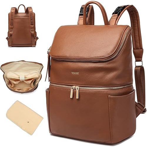 Leather Diaper Bag Backpack for Women with Multiple Pockets,Laptop Compartment and Changing Pad