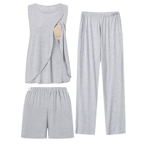 SWOMOG Women Maternity Pajama Set 3Pcs Nursing Pjs Sleeveless Pregnancy Set Breastfeeding Pjs Double Layer with Pockets