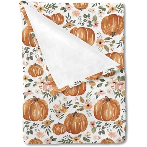 HawSkgFub Fall Thanksgiving Pumpkins Floral Baby Blanket Girls Gift, Boho Autumn Holiday Flower Flannel Fleece Nursery Bed Receiving Blankets, Soft Newborn Toddler Infant Kids Crib Bedding 30 x 40