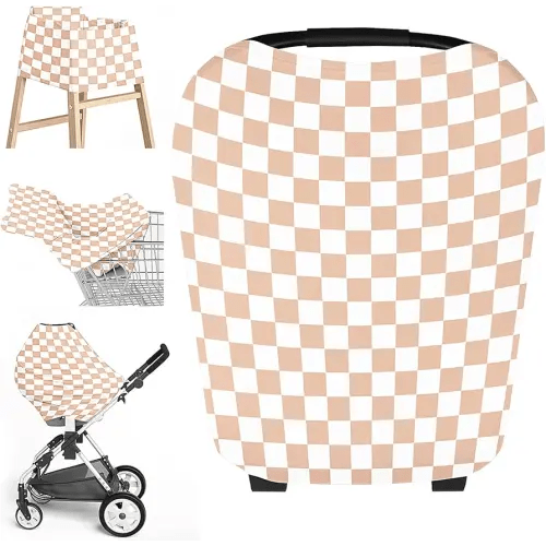 Little Jump Multi-use Baby Carseat Cover, Breathable Nursing Cover, High Stretchy Infant Carseat Canopy, Stroller Cover, Car Seat Covers for Bbies, Boys & Girls (Cream Checkered)