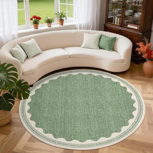 Scalloped Sage Green 6ft Round Rug Washable Non-Slip Soft Ultra-Thin Small Circle Modern Cottage Core Solid Carpet for Entryway Kitchen Bedroom Nursery Dining Room