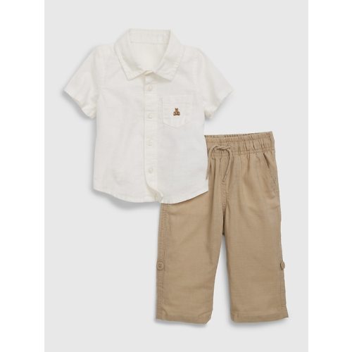 Baby Linen-Cotton Roll-Cuff Outfit Set in khaki beige, size: 3-6 M