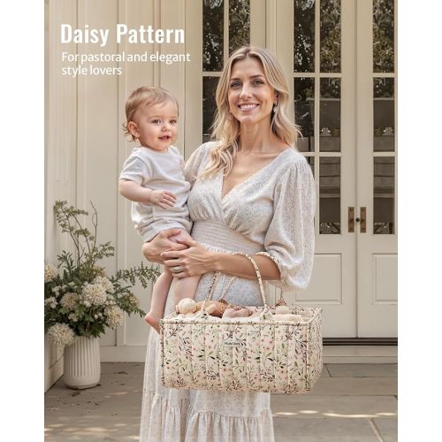Blissful Diary Floral Diaper Caddy Organizer, Stylish Nursery Storage Basket, Diaper Bag,Gift for Baby Shower, Baby Registry Must Have, Newborn Essentials, Pastoral Daisy