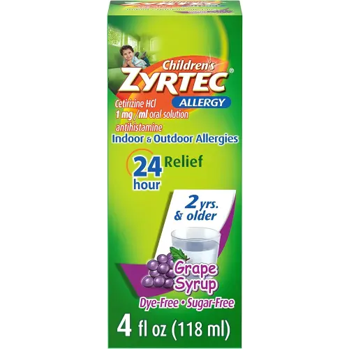 Zyrtec Children's 24 Hour Allergy Relief Syrup, 5 mg Cetirizine HCl Antihistamine, Kids Allergy Medicine for Indoor & Outdoor Allergy Relief, Dye-Free & Sugar-Free, Grape, 4 fl. oz