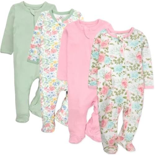 Baby Essentials Baby Girls 4 Piece Outfit Set – Footie Sleepwear Pajama Bodysuits – Spring & Summer Baby Clothes Gift Set