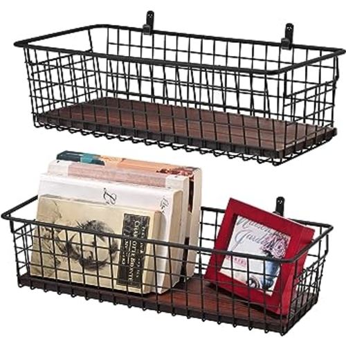SheeChung 2 Set [Extra Large] Portable Metal Farmhouse Wall Decor Storage Organizer Basket Bin with Handles & Floating Shelves for Hanging in Bathroom,Kitchen,Office-Wall Mount Hooks (2, Black)