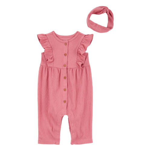 Baby Girl 2-Piece Solid Flutter-Sleeve Relaxed Fit Jumpsuit & Headwrap Outfit Set - Pink
 - Carter's | Carter's
