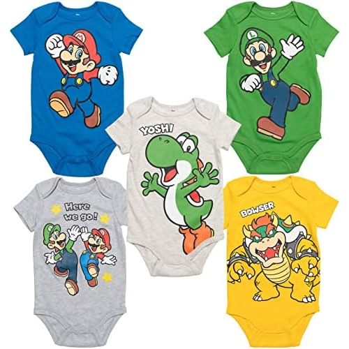 Super Mario Nintendo Donkey Kong Yoshi Mario Lugi Bowser Toad 5 Pack Short Sleeve Bodysuits Newborn to Infant