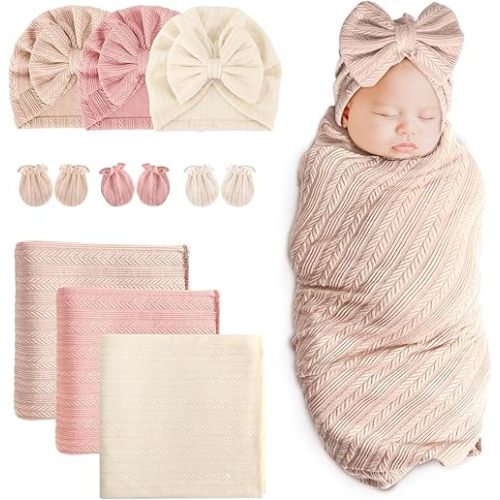 DRESHOW BQUBO Newborn Receiving Blanket Hat Mittens Set for Baby, Unisex Baby Boys Girls Essentials, Newborn Registry Must Haves, Stroller Crib Shower Gifts