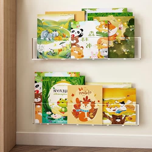 Bakidn Kids Bookshelf Wall Mounted Clear Floating Bookshelf 18" Book Display Vinyl Display, Record Holder, Magazine Rack, Picture Ledge Shelf for Bedroom, Toddler Room, Nursery,Classroom