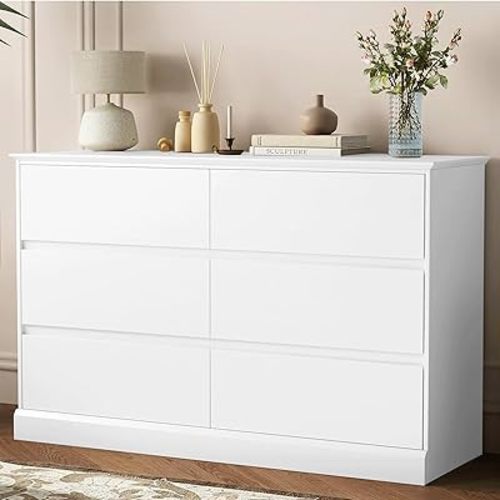 White Dresser, 6 Drawer Dresser for Bedroom, Modern Wooden Closet Dressers for Living Room, Entryway, or Hallway, Light White
