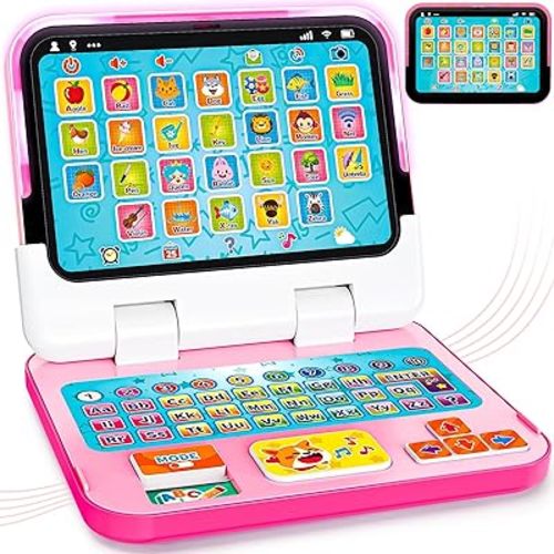 Learning Toy for Kids 1 2 3 Year Old Boys Girls, Learning Laptop for Toddlers 1-3, Interactive Educational Toys with Music Sounds Lights, Christmas Birthday Gifts for Baby Kids Age 12-18 Months, Pink