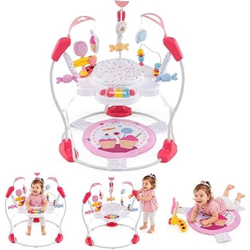 HONEY JOY Baby Bouncer Activity Center, Infant Jumper and Table w/ 360° Rotary Seat, 3 Adjustable Heights, Mat, Music, Lights, Sounds & Developmental Toys, Activity Center for Babies (Pink)