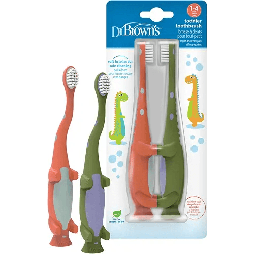 Dr. Brown's Baby and Toddler Toothbrush, Green and Orange Dinosaur 2-Pack, 1-4 Years