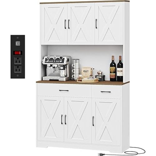 HOSTACK 71" Pantry Cabinet with Charging Station, Tall Kitchen Pantry Storage Cabinet with Microwave Stand, Farmhouse Kitchen Hutch with Storage Drawers for Living Room, Dining Room, White