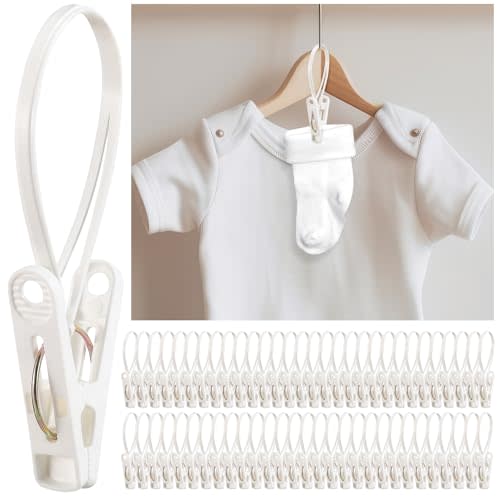 Honeydak 60 Pack Multi-Purpose Laundry Hooks Hanging Clips Bulk with Plastic Rope Hanger Clips for Baby Clothes Closet Organizer for Pants Hat Sock Boot Bra Towel Bathroom Wardrobe Kitchen, White