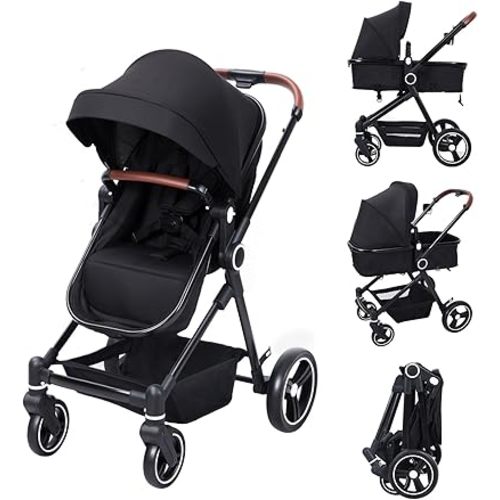 Convertible Baby Stroller for Toddler 1-3, 2 in 1 Newborn Stroller with Removable Seat, Cup Holder, Harness, Lightweight Bassinet Stroller for Newborn with Large Storage Basket, Shock Absorbing