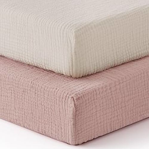 Blissful Diary Muslin Crib Sheets for Girl Boy, Boho Neutral Soft Cotton Baby Sheet for 52''x28'' Standard Crib Mattress, 2 Pack(Cream&Pink)