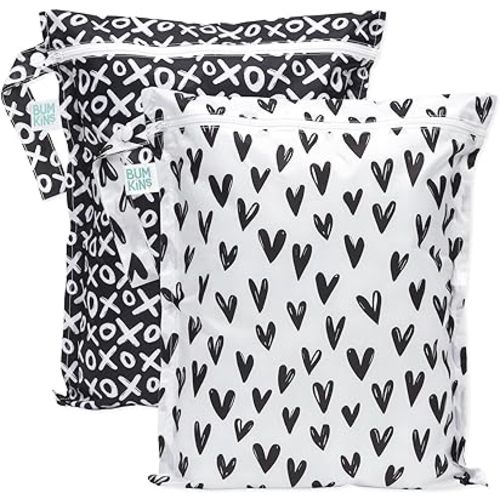 Bumkins Waterproof Wet Bag for Baby, Travel, Swim Suit, Cloth Diapers, Pump Parts, Pool, Gym, Toiletry, Strap to Stroller, Daycare, Zip Reusable Bag, Wetdry Packing Pouch, 2-pk Hearts and XOXO