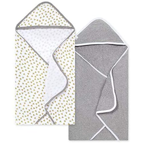 Burt's Bees Baby - Hooded Towels, Absorbent Knit Terry, Super Soft Single Ply, 100% Organic Cotton (Honey Bee/Grey, 2-Pack)