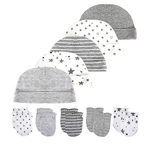 Newborn Baby Boy Baby Girl Hats 0-6 Months Unisex Organic Cotton Caps and Mittens Set 10-Piece, Grey1