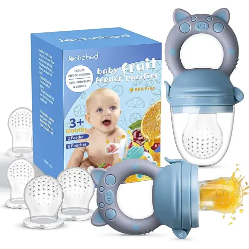 Baby Fruit Food Feeder Pacifier - Fresh Teething Pacifiers, Infant Fruit Teething Teether Toy for 3-24 Months, 6 Pcs Silicone Pouches for Toddlers & Kids & Babies, Piggy Handle 2-Pack (Blue & Gray)