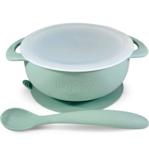 Lulyboo 3pcs Silicone Packable Bowl & Spoon Set - Sage: Solid Pattern, Baby Feeding Set, Includes Lid