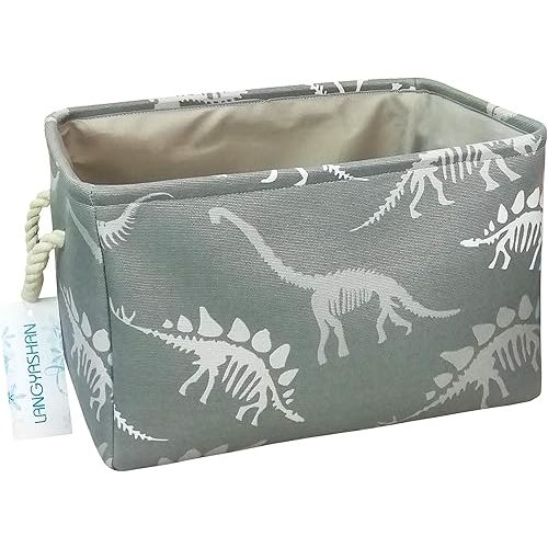 LANGYASHAN Rectangular Storage Bin Collapse Canvas Fabric Cartoon Storage Basket with Handles for Organizing Home Kitchen Boys and Girls Toys Office Closet Shelf Baskets (Rec Gray Dinosaur skeleton)