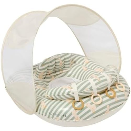 SUNNYLiFE Baby Float with Canopy — Infant Pool Float for 6-12 Months, Adjustable Fabric Seat, 4 Silicone Play Rings | Dex the Duck Green