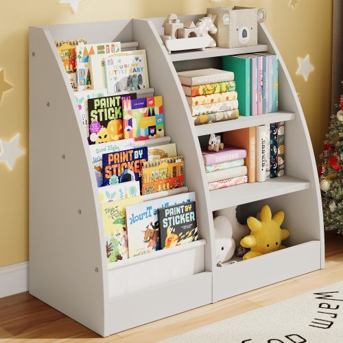 4 Tier Kids Bookshelf, 4 Layer Sling Kids Book Shelf for Kids Rooms,Wood Children Bookcase,Baby Storage Book Rack,Toddler Bookshelf, Book and Toy Organizer,Book Display Shelf for Bedroom, Nursery