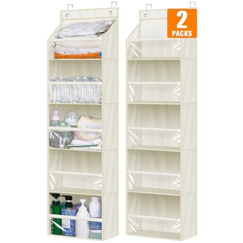 AOODA 2 Pack Over the Door Organizer, Large Capacity Closet Door Hanging Organizer, Clear Deep Pockets Baby Storage for Nursery, Bathroom, Bedroom, Pantry, Diapers (Light Beige)