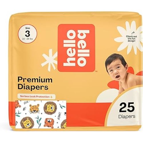 Hello Bello Diapers, Size 3 (14-24 lbs) Wild Cats, 25 Count of Premium Disposable Baby Diapers, Hypoallergenic with Soft, Cloth-Like Feel