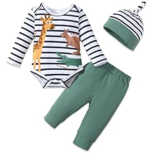 SUNNY PIGGY Baby Boy Clothes Newborn Boy Outfit Infant Romper Spring Summer Long Pants Set Hat 3PC