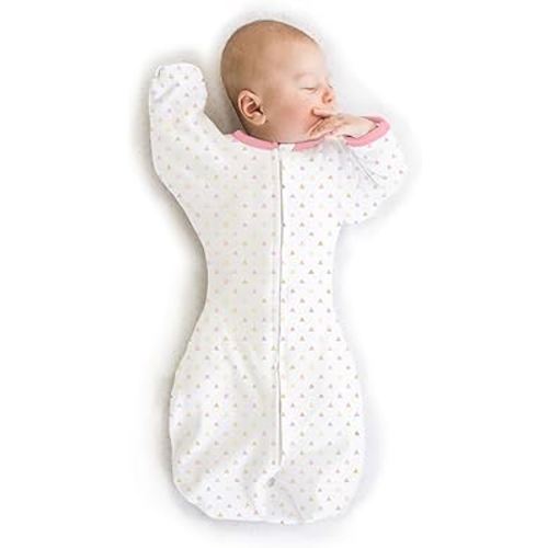 SwaddleDesigns Transitional Swaddle Sack, Arms Up Half-Length Sleeves and Mitten Cuffs, Tiny Triangles, Pink, Small, 0-3mo, 6-14 lbs (Parents' Picks Award Winner, Easy Transition with Better Sleep)