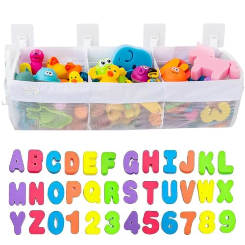 Comfylife Large Bath Toy Organizer with Letters and Numbers – 3 Compartment Bath Toy Holder for Bathtub & Shower – Quick-Dry Mesh with 4 Strong Adhesive Hooks